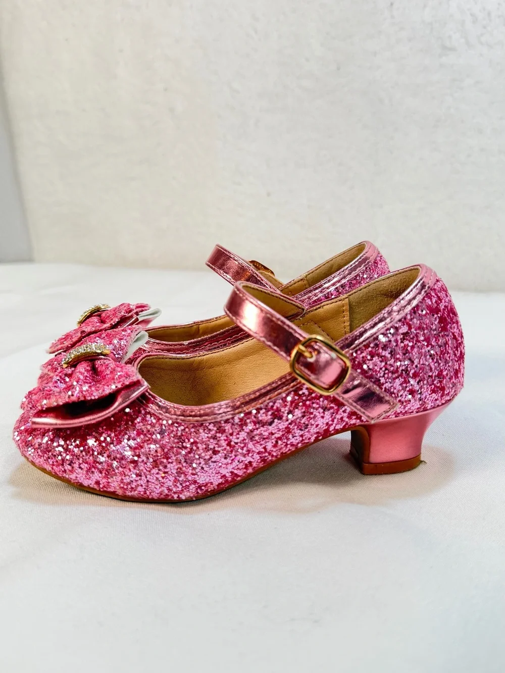 Girls Sparkle Pink Mary Jane Dress Shoes with Bow Accent